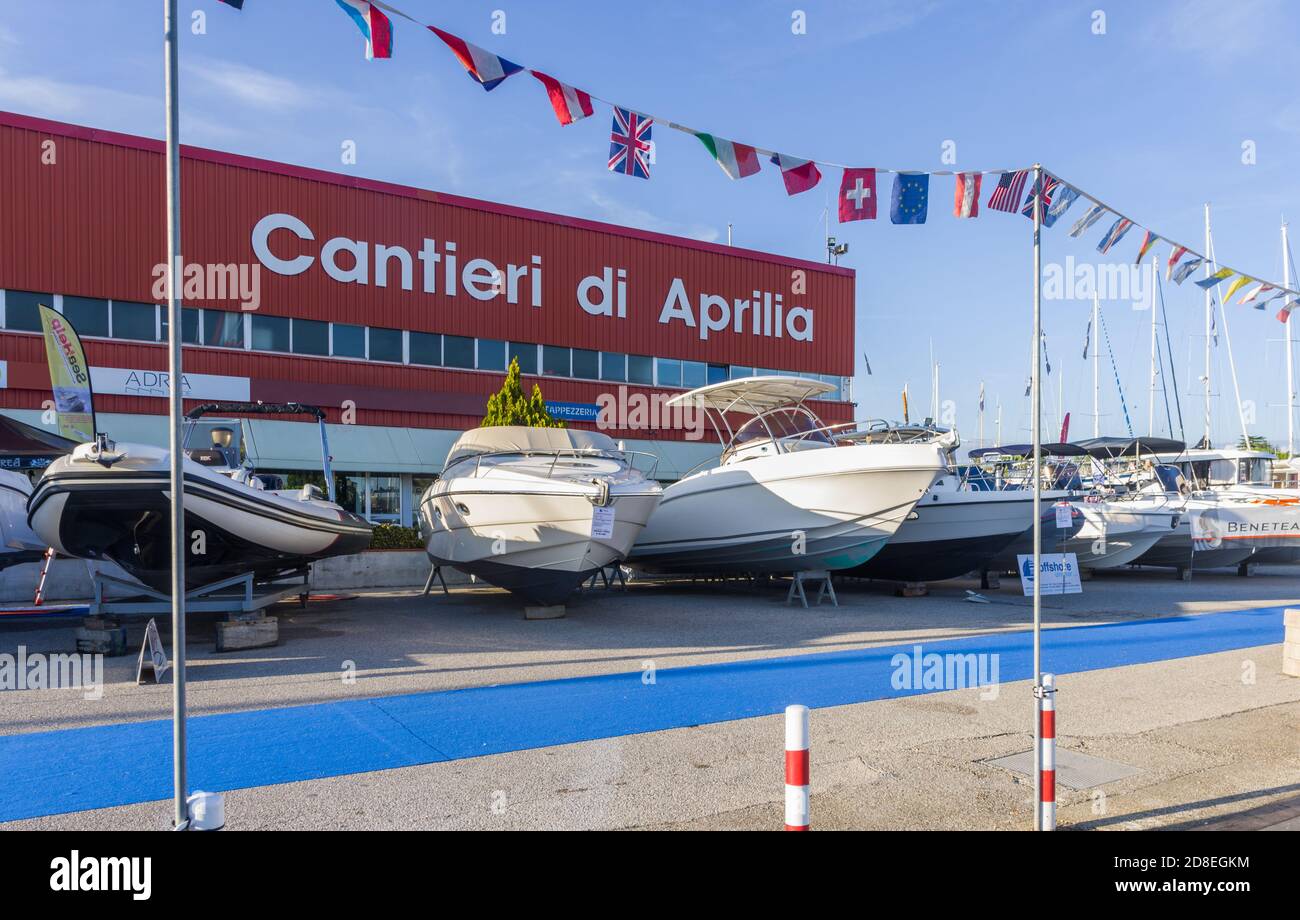 Aprilia Marittima, Italy (25th October 2020) - Small boats and ships at the 2020 boat show of Aprilia Marittima Stock Photo
