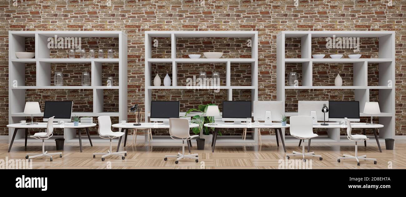 Modern office with computers mockup. Black screen. 3d illustration Stock Photo