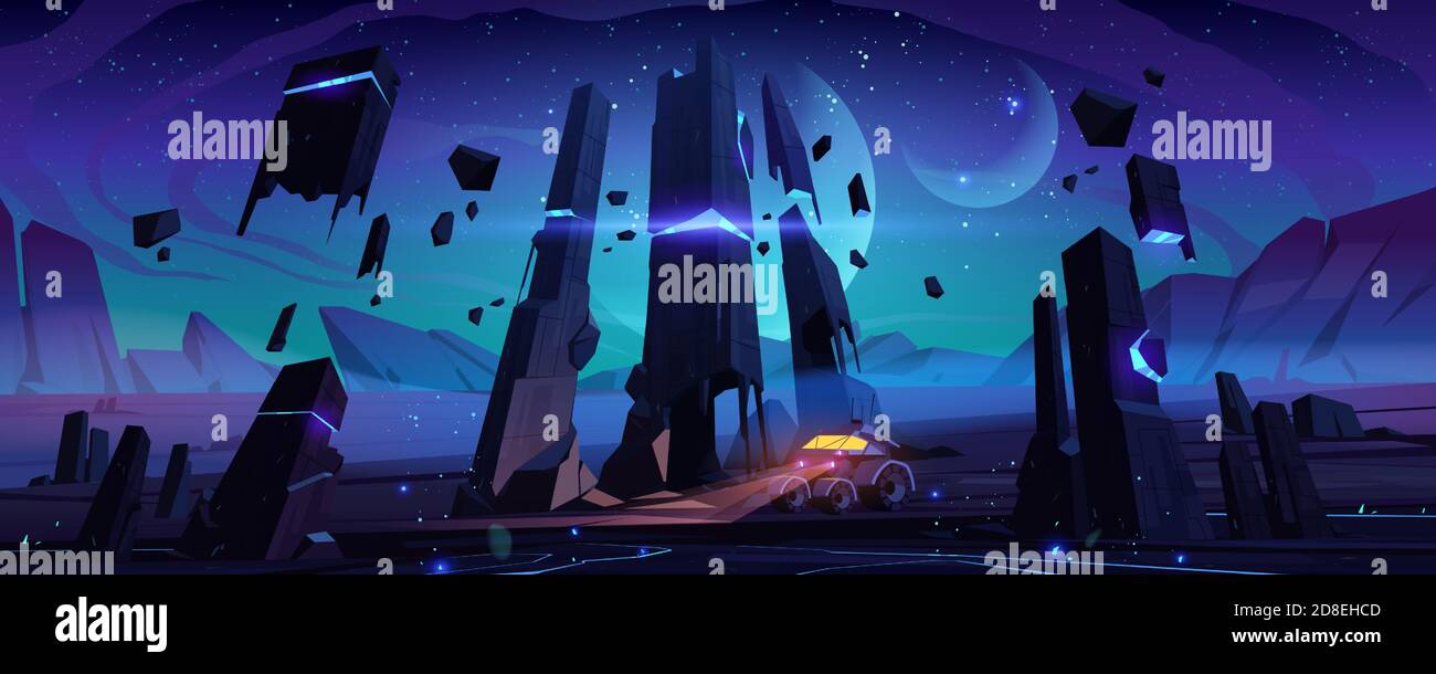 Explorer robot on alien planet surface at night. Vector cartoon ...