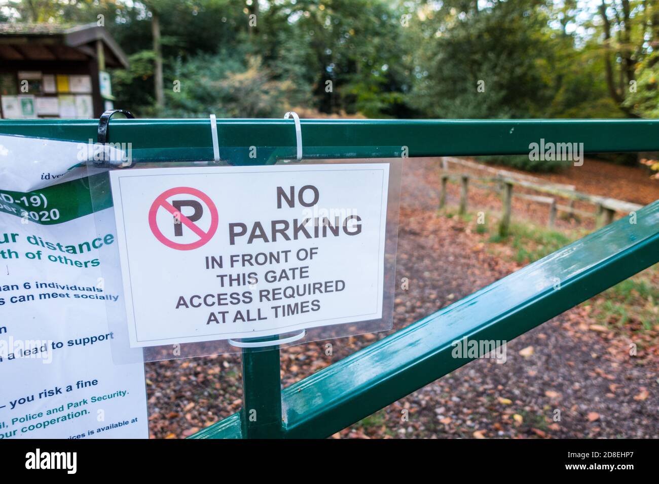 No Parking in front of this gate notice on access gate to woods Stock