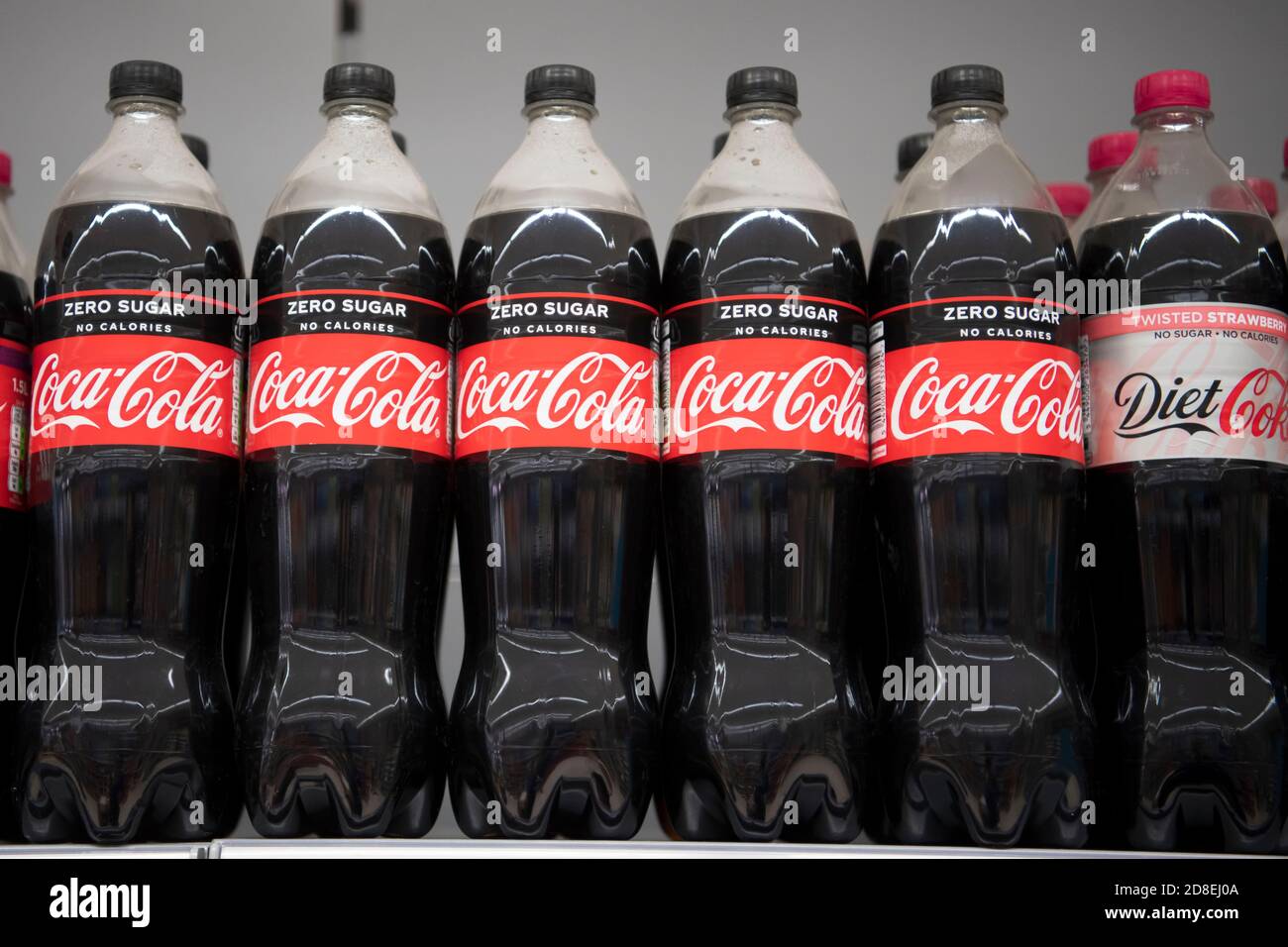 Bottles of Coca Cola on sale in a supermarket in Cardiff, Wales, United