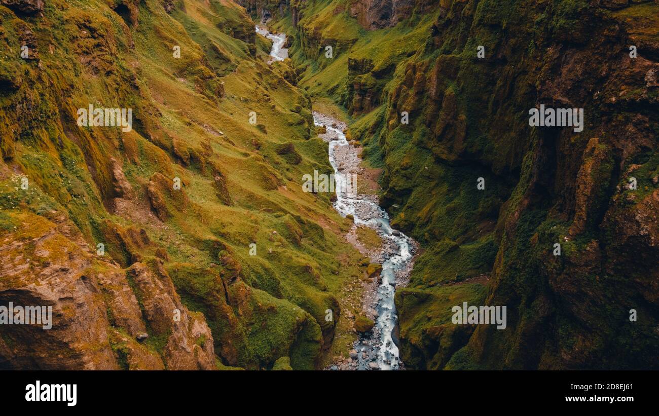 A breathtaking landscape texture of the typical Iceland nature and canyons in the summer time. Aerial photo. Stock Photo