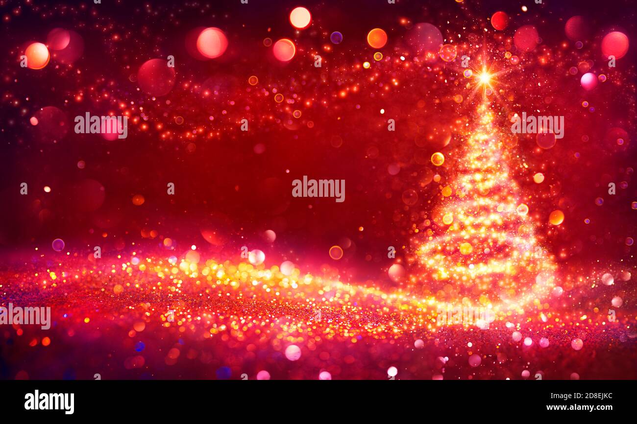 Abstract Golden Christmas Tree In Shiny Defocused Background - Contain Illustration Stock Photo