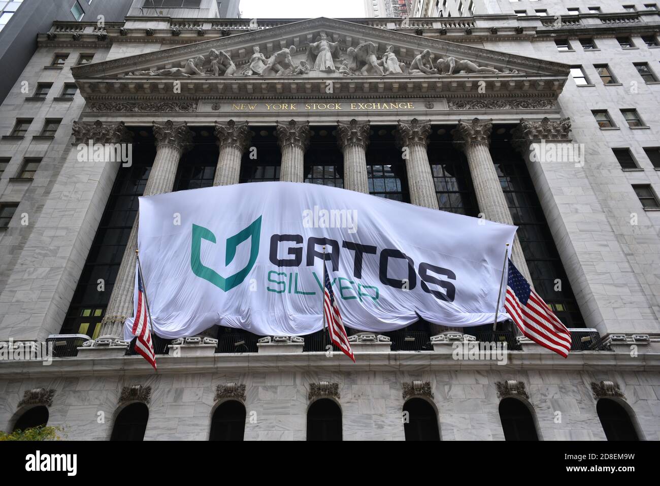 A banner displays Gatos Silver, Inc. signage during the company's initial  public offering (IPO) in front of the New York Stock Exchange (NYSE) on  Octo Stock Photo - Alamy