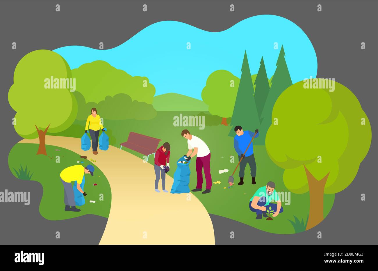 Volunteers, young and old, clean in the city Park, plant trees, collect garbage. Volunteering, charity social concept. Vector flat illustration. Ecolo Stock Vector