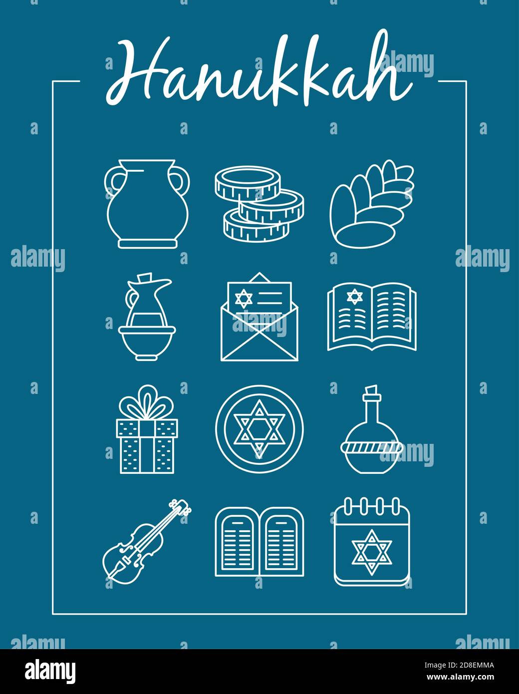 hanukkah icon set over blue background, line style, vector illustration