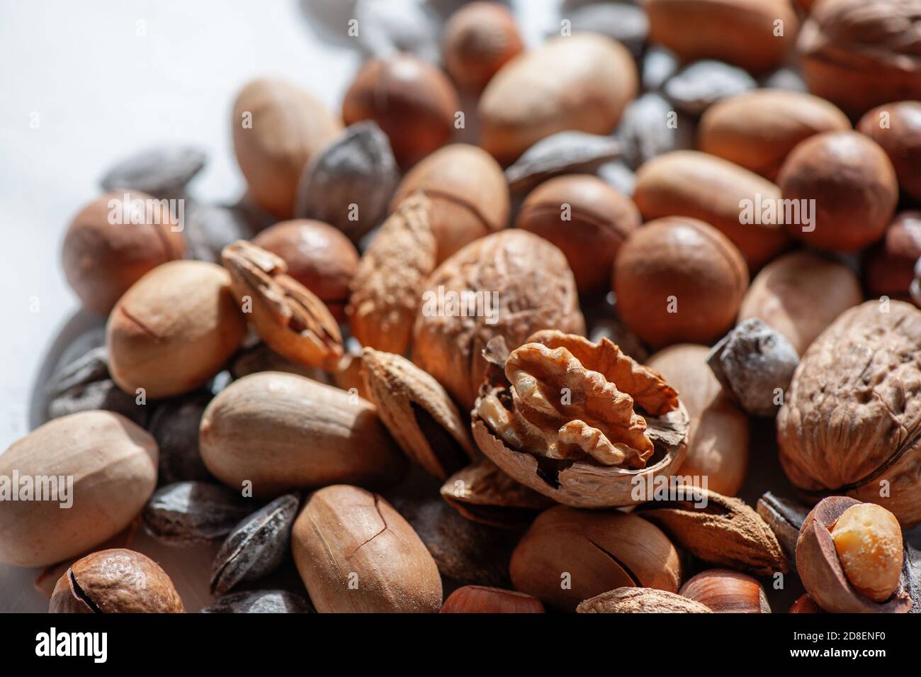assorted nuts. Different types of macadamia nuts, walnuts and hazelnuts