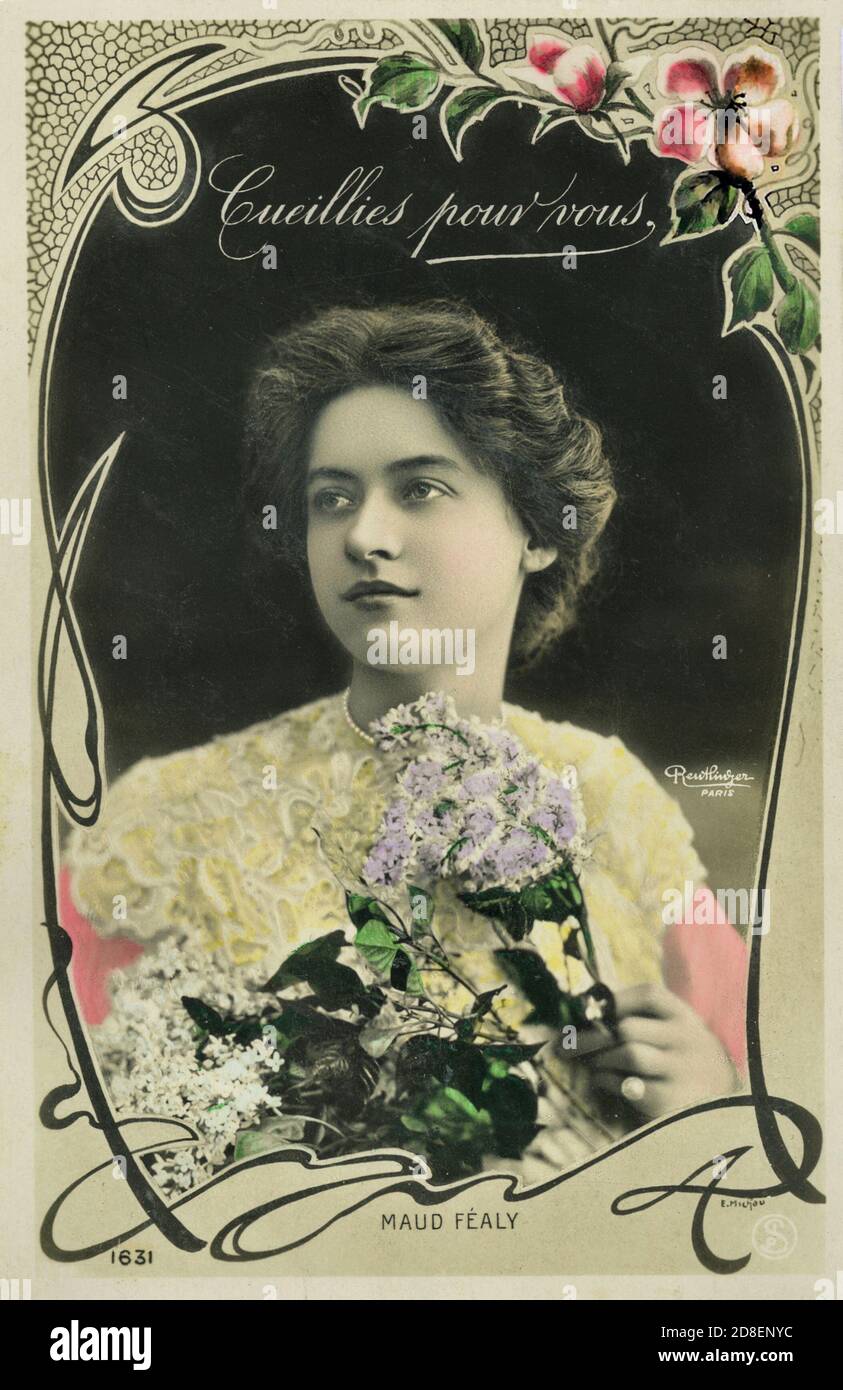 Vintage Postcard. Maude Fealy - Reutlinger French postcard - 'picked for you' - photo by Reutlinger 1905 - manually restored from original postcard by Montana Photographer. Stock Photo
