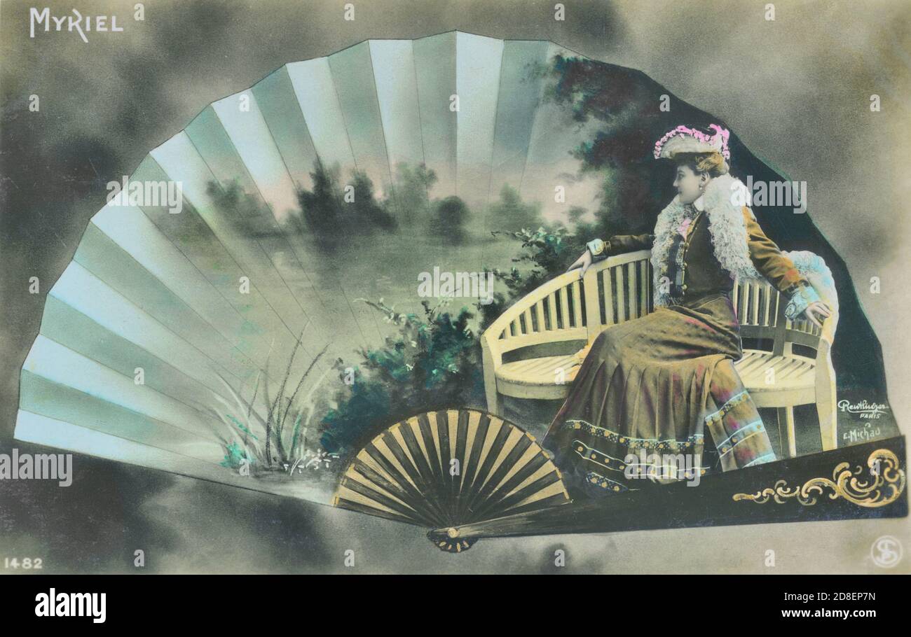 Vintage Postcard. Myriel (French actress) - Reutlinger 'Art Nouveau' postcard with open fan motif - sent from Toulon, France 17 Jan 1907 - restored from original postcard by Montana Photographer. Stock Photo