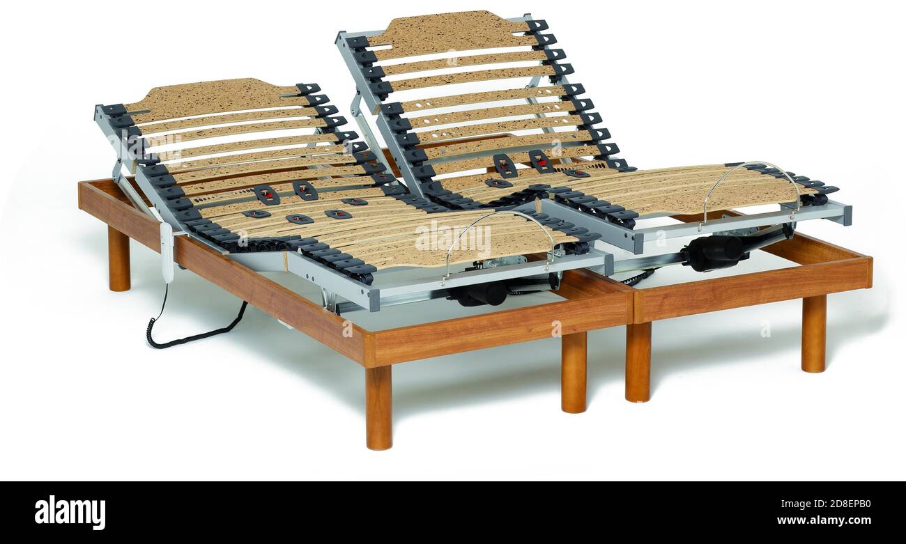 Adjustable motorized bed with a movable slats isolated on white Stock
