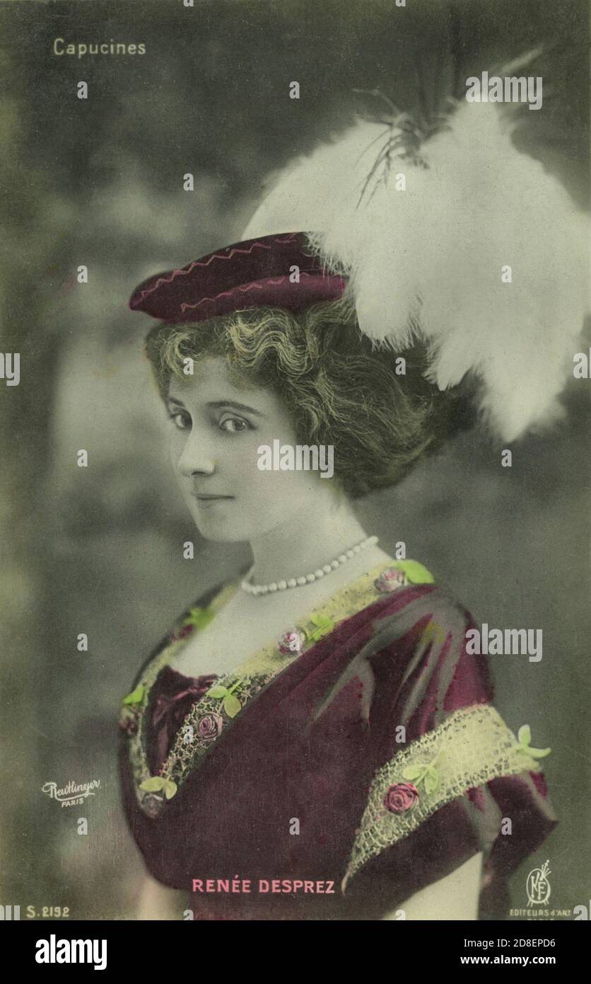Vintage Postcard. Renee Desprez (actress) in feathered hat - K F Editeurs D'Art S.2192 (French postcard) - photo by Reutlinger (Paris) 1907 - postmarked 19 Sep 1907 Alsace - restored from original postcard by Montana Photographer. Stock Photo