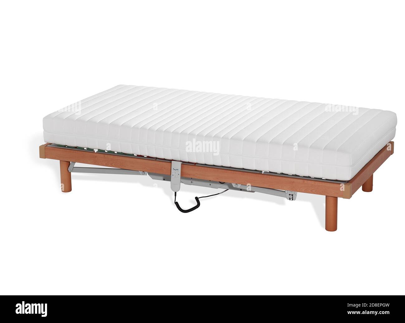 Adjustable motorized bed with a movable slats and orthopedic mattress, isolated on white Stock Photo