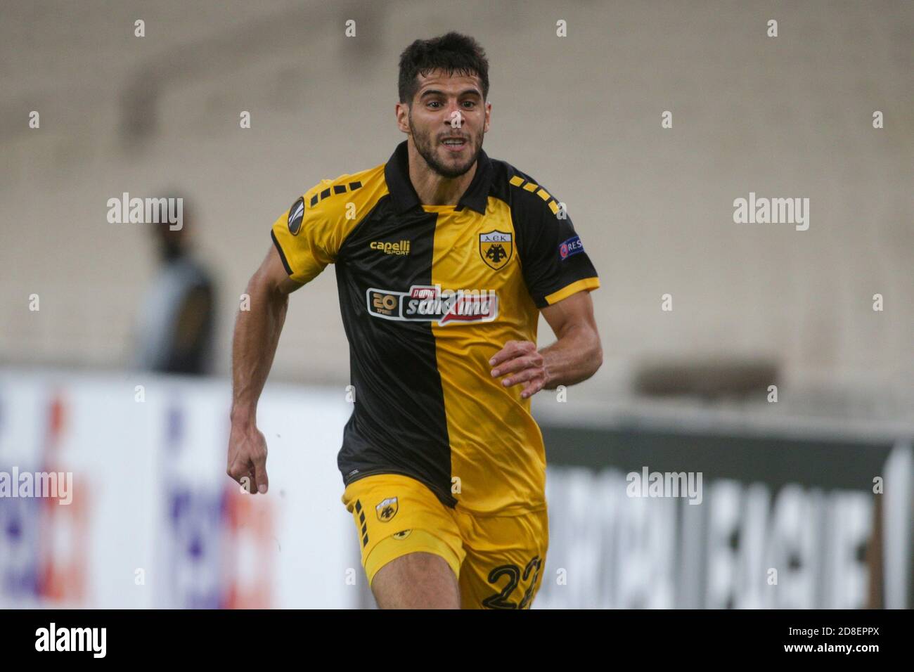 ATHENS, GREECE - OCTOBER 29: Emanuel Insua of AEK Athens during the UEFA  Europa League Group G stage match between AEK Athens and Leicester City at  Athens Olympic Stadium on October 29,