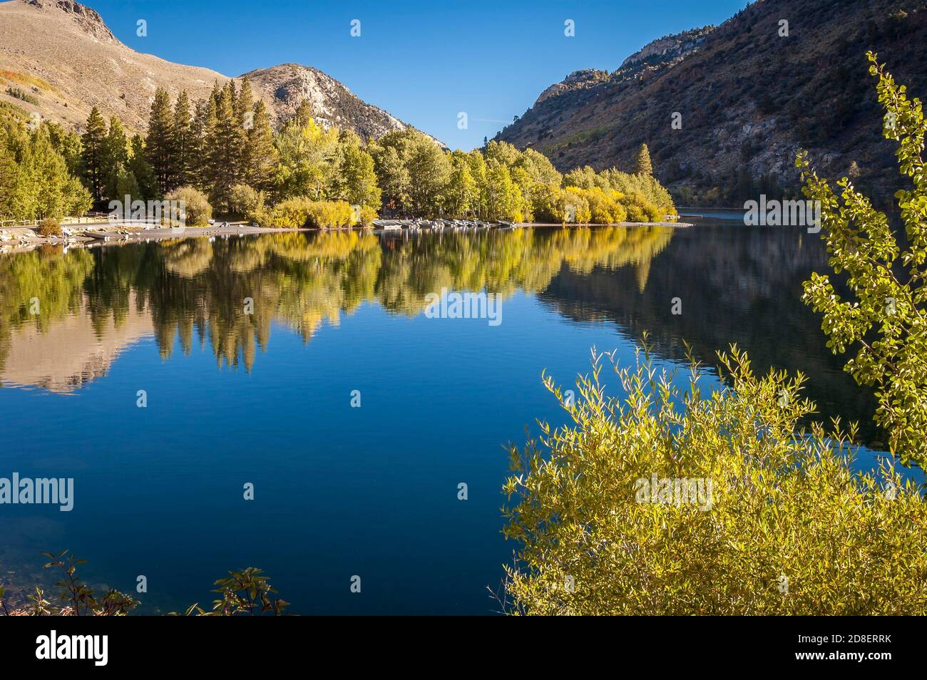 Autumn colors reflecting in a mountain lake in Owens Valley, California. Stock Photo
