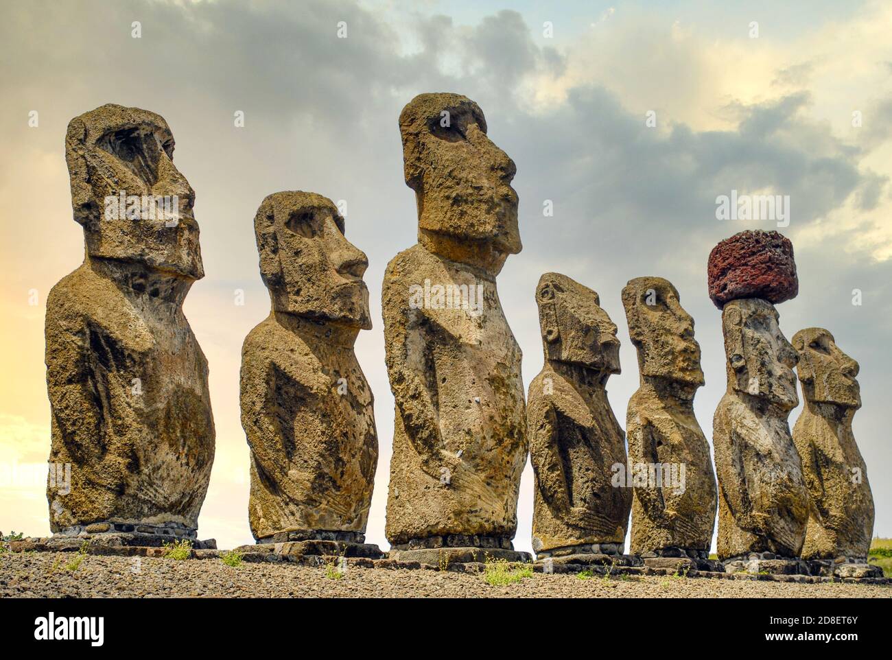Moai sculptures at Ahu Tongariki on Easter Island, Chile Stock Photo