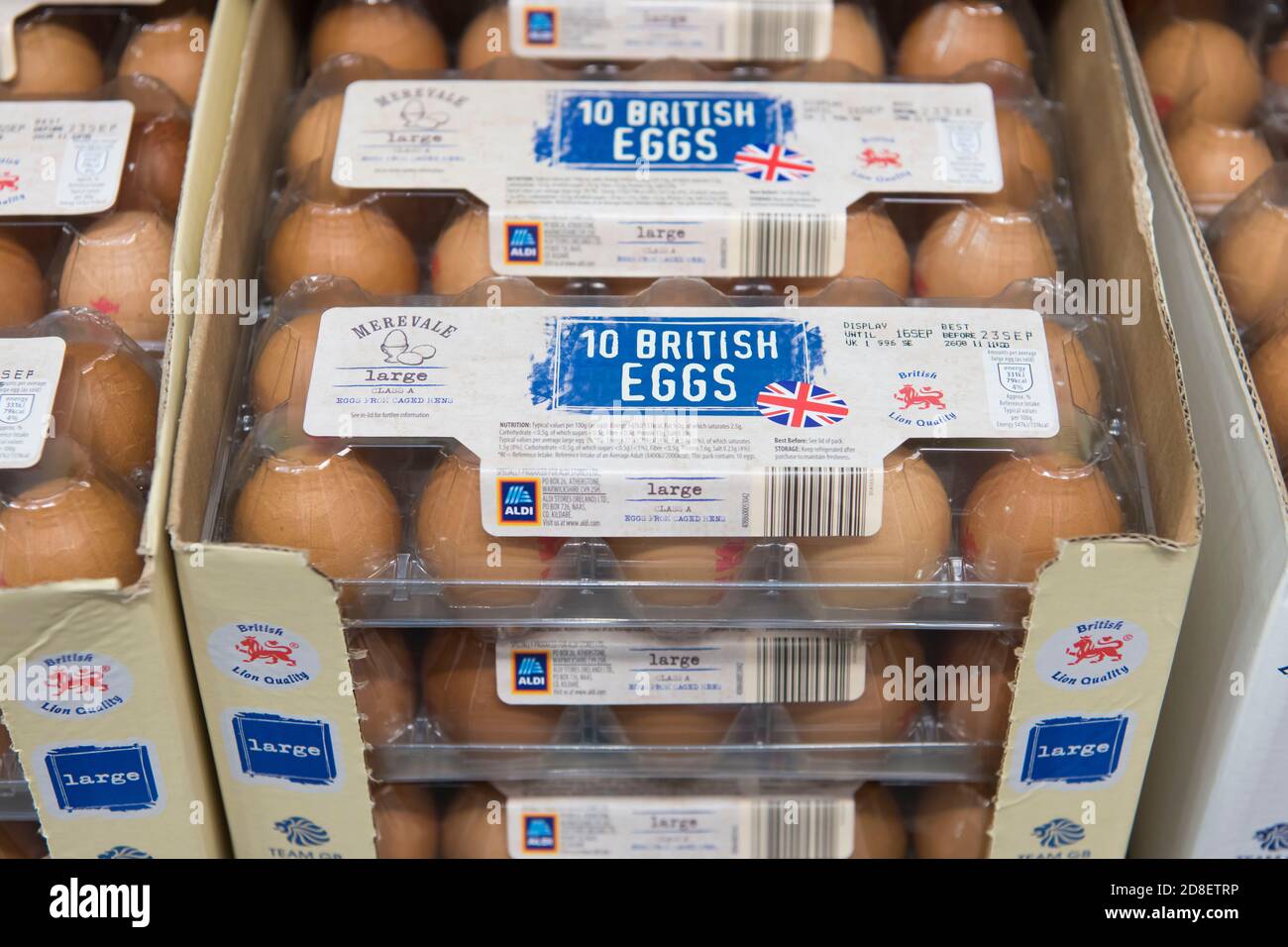 Boxes of eggs on sale in a supermarket store in Cardiff, Wales, United Kingdom. Stock Photo