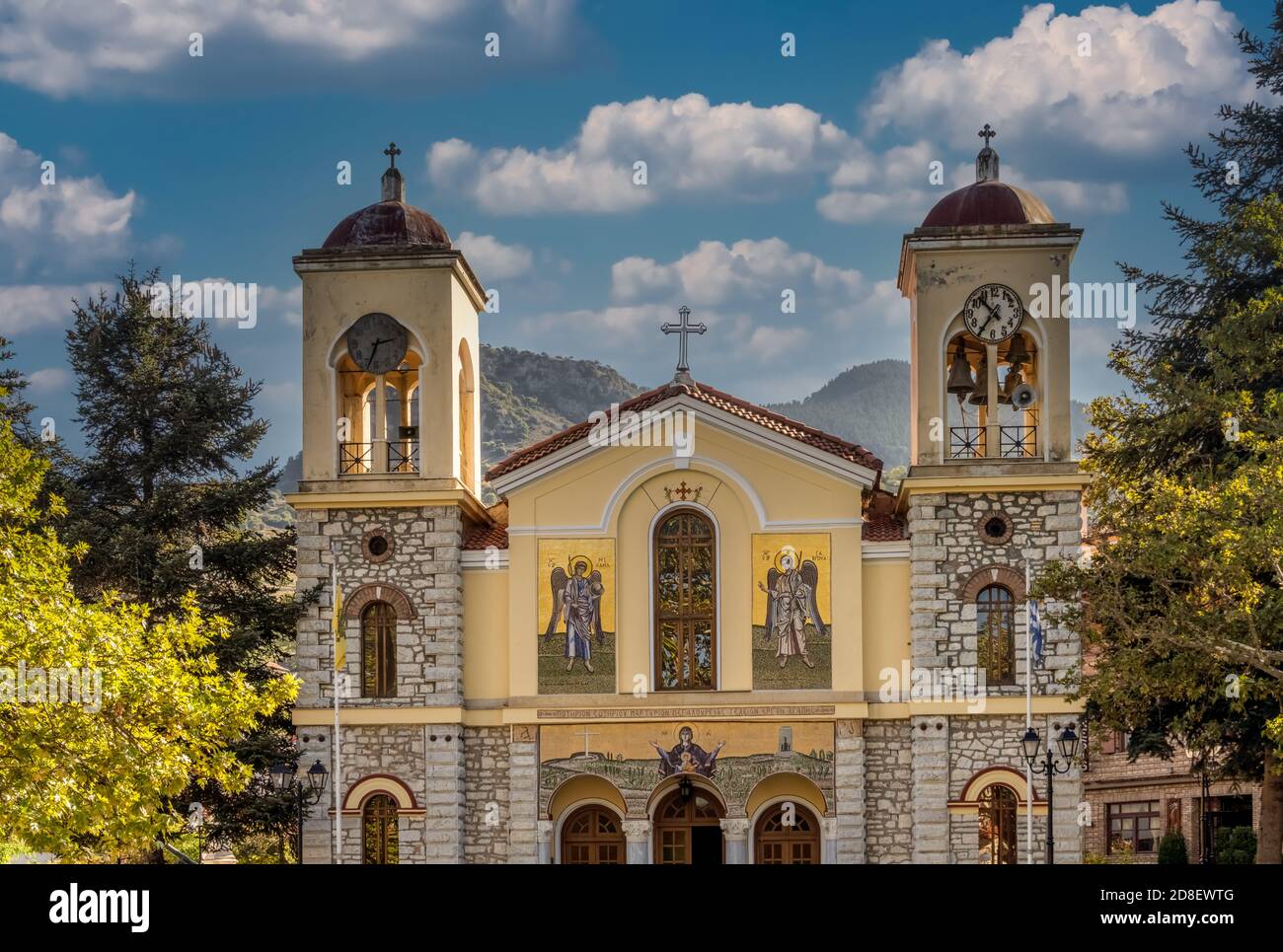 The Church of Dormition of the Virgin Mary, a Greek Orthodox Cathedral in Kalavryta, Peloponnese, Greece. Stock Photo