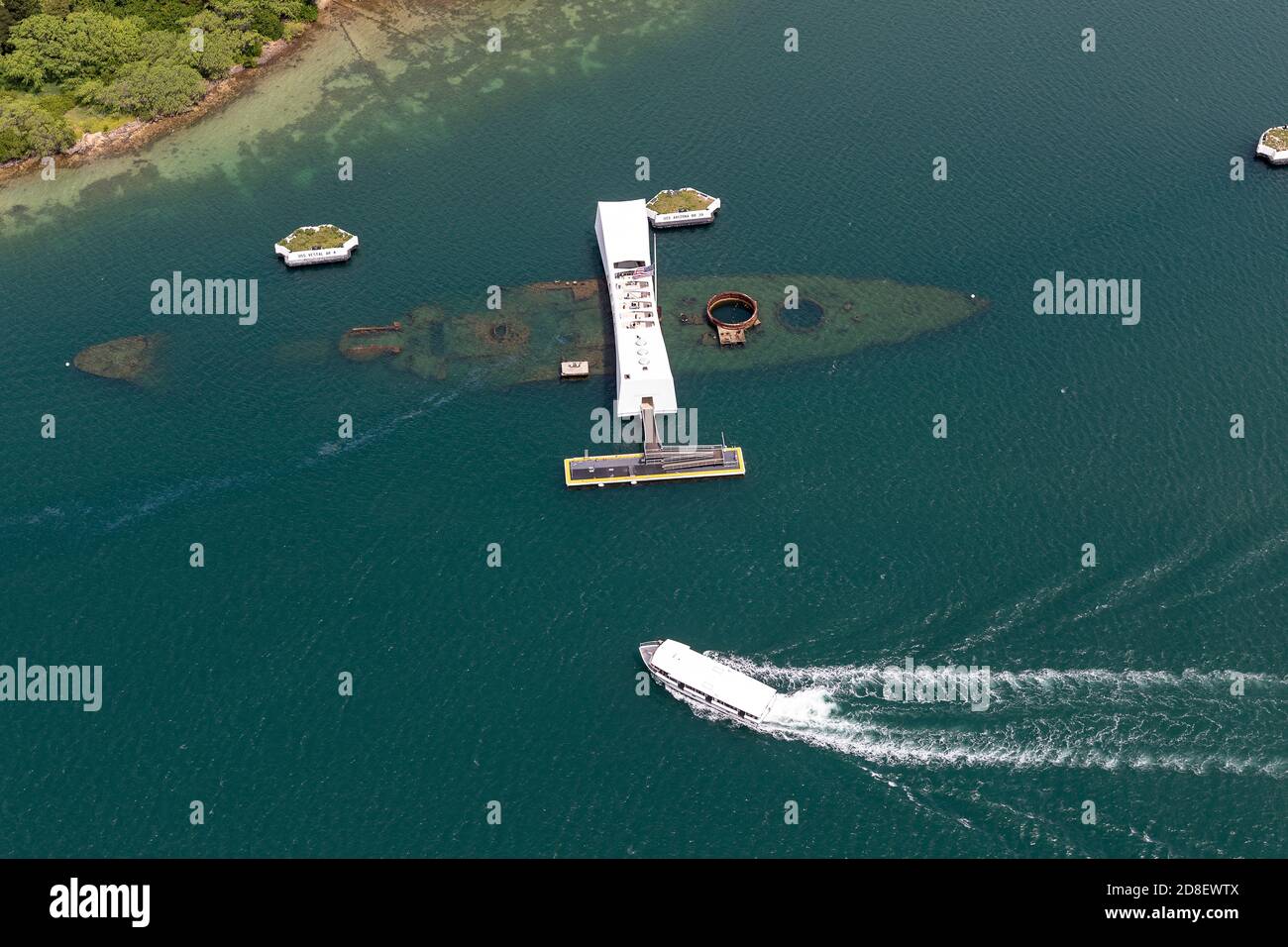 Aerial View of Pearl Harbor Memorial and USS Arizona Stock Photo
