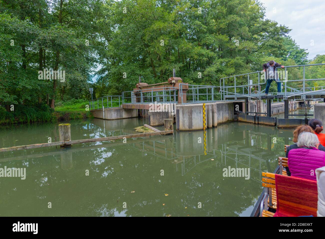 Punt boat tour through the Spree Forest entering a lock, Oberspreewald, Brandenburg, East Germany, Europe Stock Photo