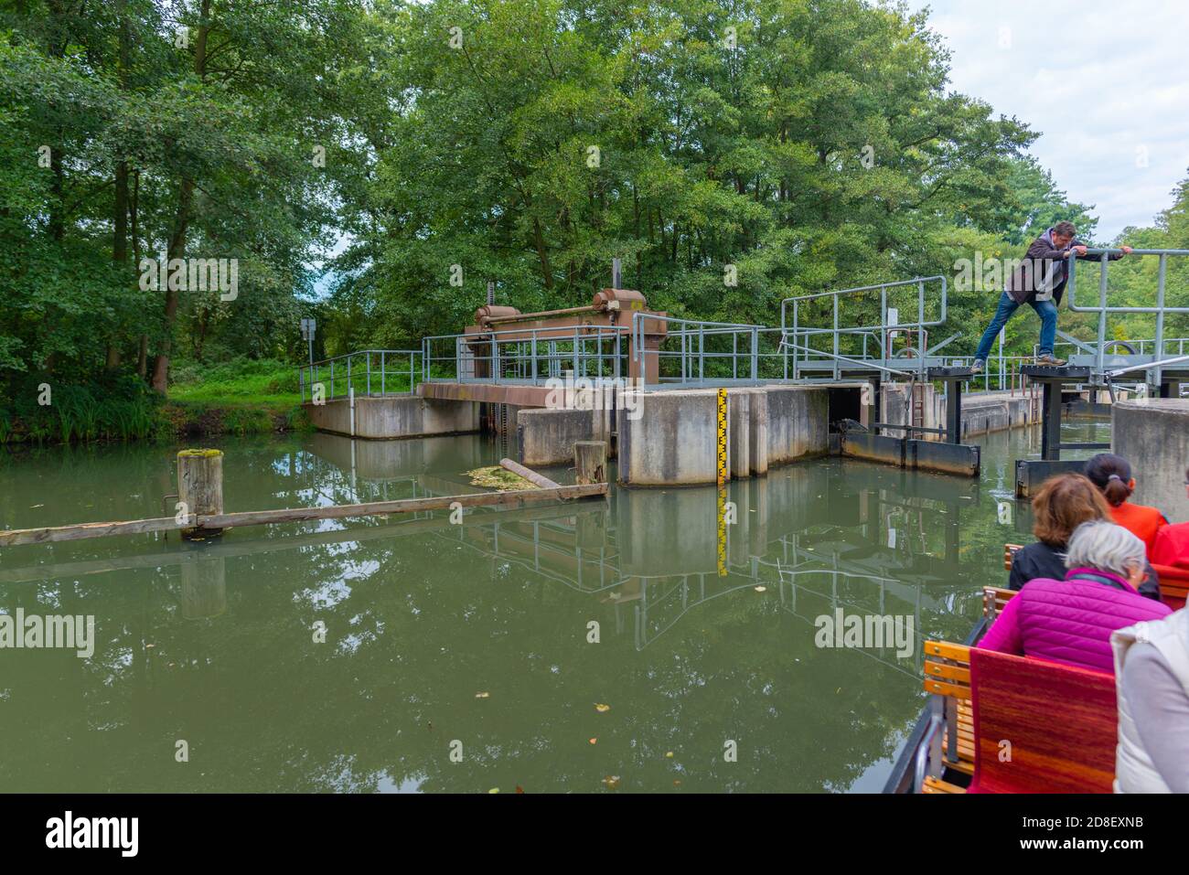 Punt boat tour through the Spree Forest entering a lock, Oberspreewald, Brandenburg, East Germany, Europe Stock Photo