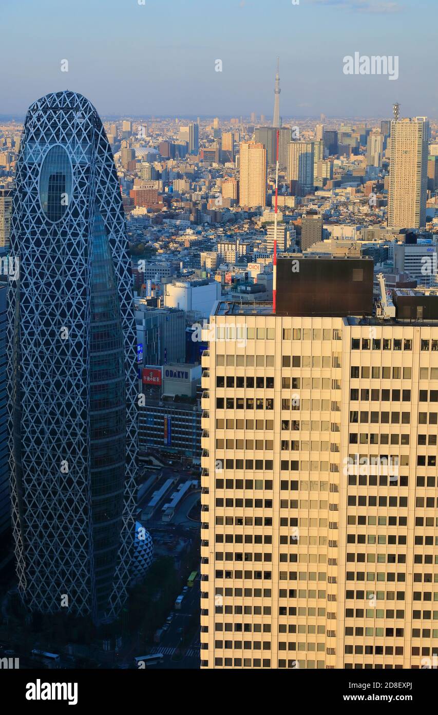 Tokyo cityscape with Mode Gakuen Cocoon Tower in Shinjuku in foreground from the Observation decks of Tokyo Metropolitan Government Building in Shijuku.Tokyo.Japan Stock Photo