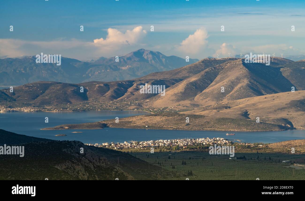View of the resort town of Itea from the hills of Delphi, Greece Stock Photo