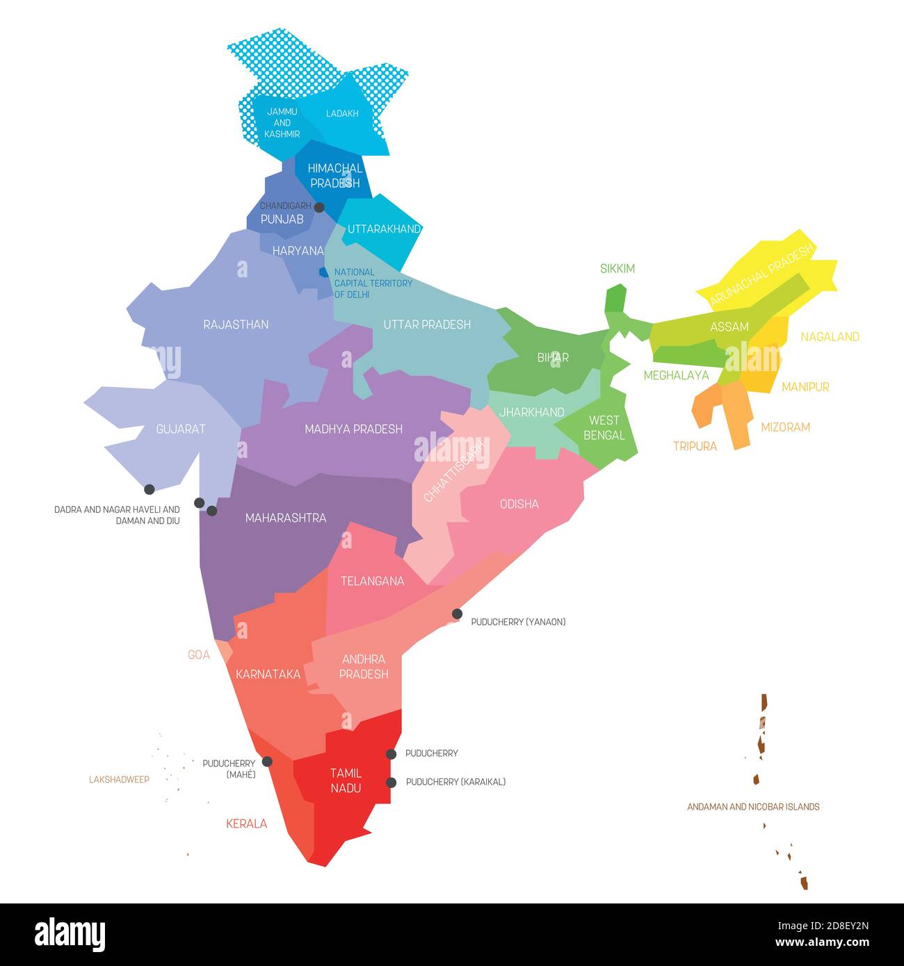 Colorful political map of India. Administrative divisions - states and union territories. Simple flat vector map with labels. Stock Vector