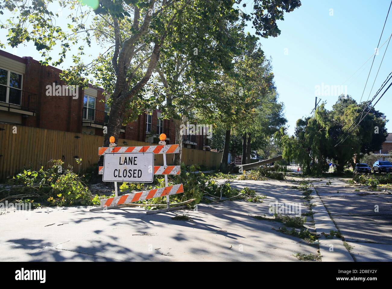 New Orleans. 29th Oct, 2020. Photo taken on Oct. 29, 2020 shows a closed lane due to fallen trees in New Orleans, Louisiana, the United States. Over half a million people were without power in the U.S. state of Louisiana after Category 2 Hurricane Zeta made landfall Wednesday afternoon along the Gulf Coast, authorities said Thursday. According to the National Hurricane Center, Zeta has downgraded to a tropical storm. At least three deaths have been blamed on the storm in Louisiana, Mississippi and Georgia. Credit: Lan Wei/Xinhua/Alamy Live News Stock Photo