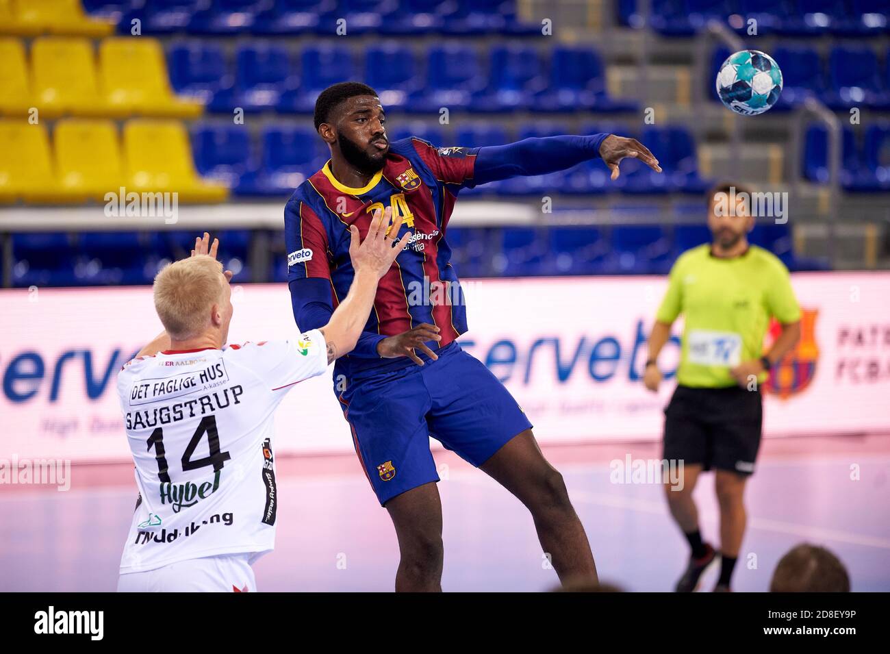 Barcelona, Spain. 29th Oct 2020. Dika Mem of FC Barcelona during the Velux  EHF Champions League match between FC Barcelona and Aalborg Handball at  Palau Blaugrana on October 29, 2020 in Barcelona,