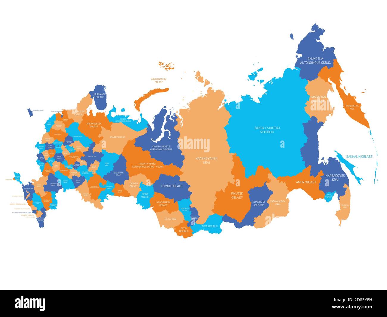 Political map of Russia, or Russian Federation. Federal subjects - republics, krays, oblasts, cities of federal significance, autonomous oblasts and autonomous okrugs. Simple flat vector map with labels. Stock Vector