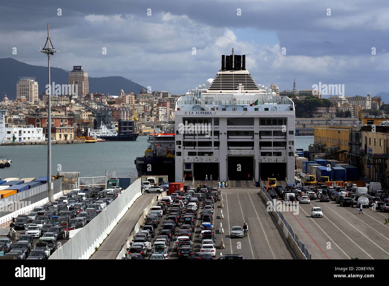 Genoa, Italy. 30 Aug 2020. Terminal ferries in Genoa port. Cars waiting