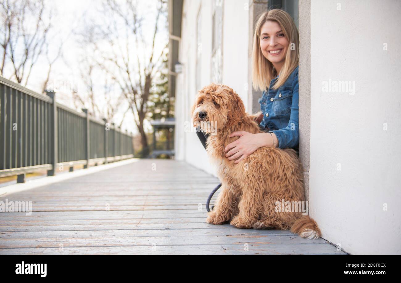 Labradoodle Dog and woman outside on balcony Stock Photo Alamy