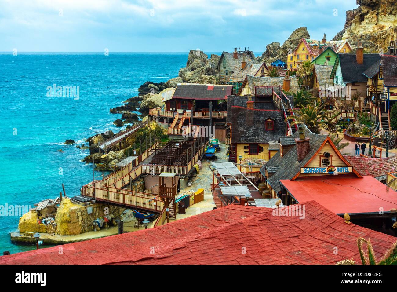 Popeye Village houses from above, Malta Stock Photo