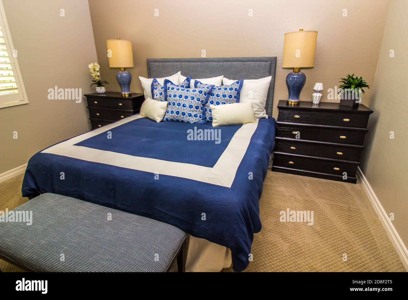 Modern Bedroom With Bed, Throw Pillows, Nightstands And Table Lamps