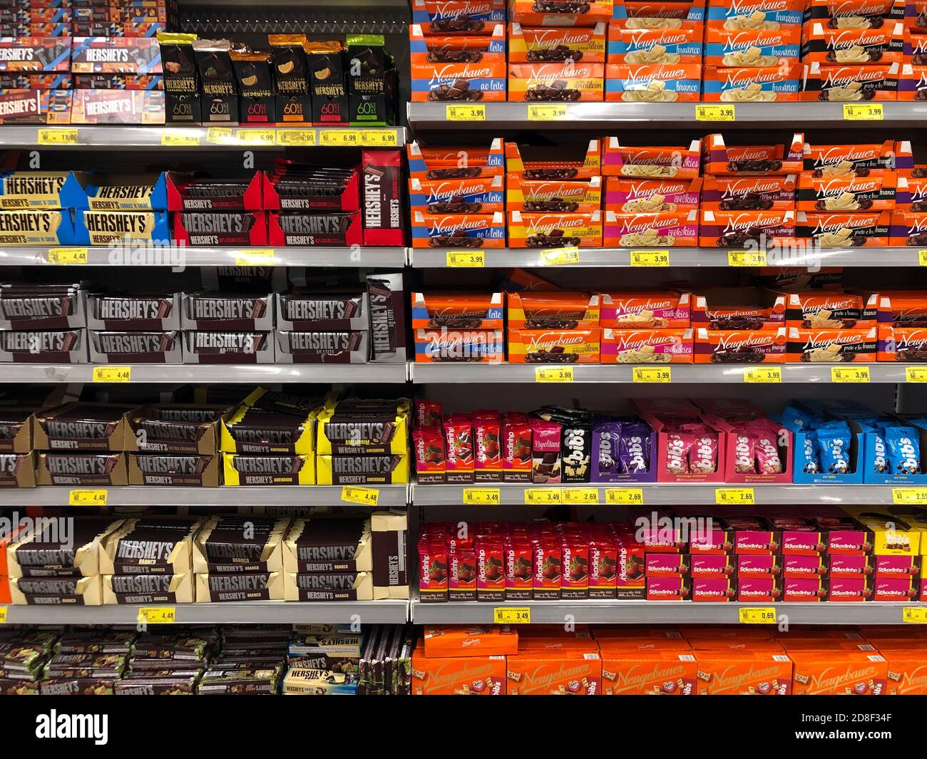 October 28, 2020. São Paulo, SP, Brazil. A shelf full of desserts and chocolates, of Brazilian brands in a supermarket. Stock Photo