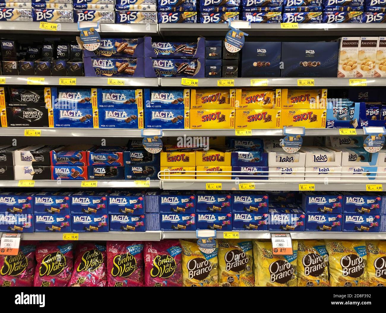 October 28, 2020. São Paulo, SP, Brazil. A shelf full of desserts and chocolates, of Brazilian brands in a supermarket. Stock Photo