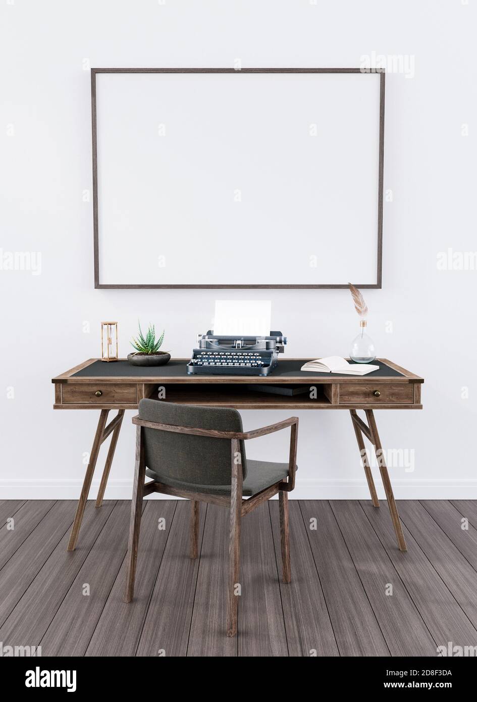 Mock up, retro office work space with white wall 3D render 3D illustration Stock Photo