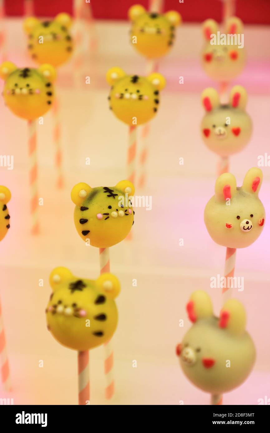 A closed up view of cut cake pops display in a candy shop.Takeshita street.Harajuku.Tokyo.Japan Stock Photo