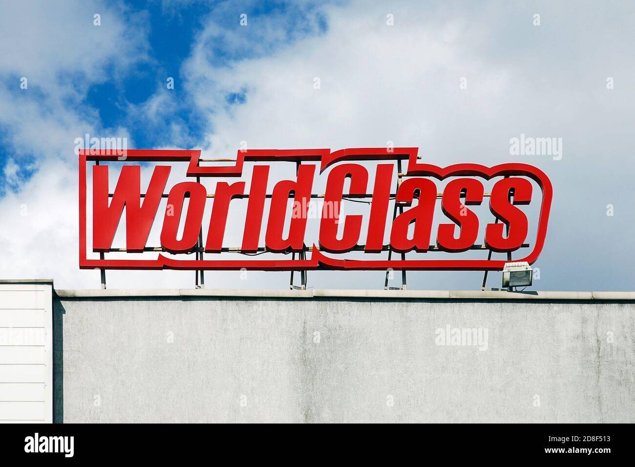 World Class logo on top of gym building Stock Photo