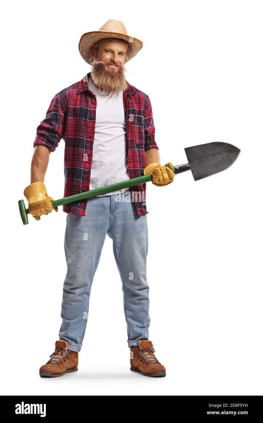 Full length portrait of a bearded farmer with a shovel isolated on ...
