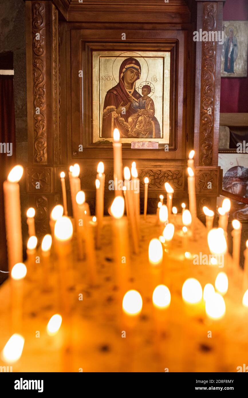 Interior Jvari church with icon of the Virgin Mary and baby Jesus in ...