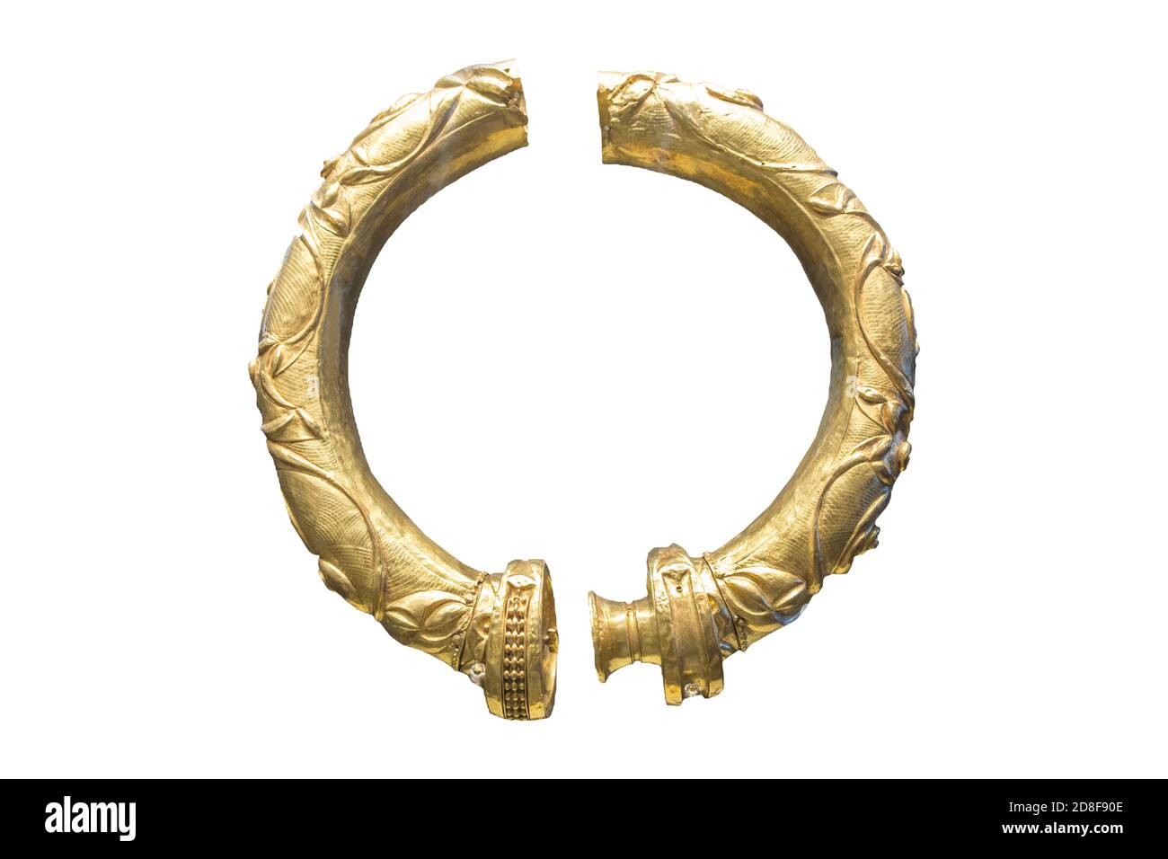 Gold twisted bar torcs. Artefacts that belongs to Iron Age Broighter hoard set. Archaeology National Museum of Ireland Stock Photo
