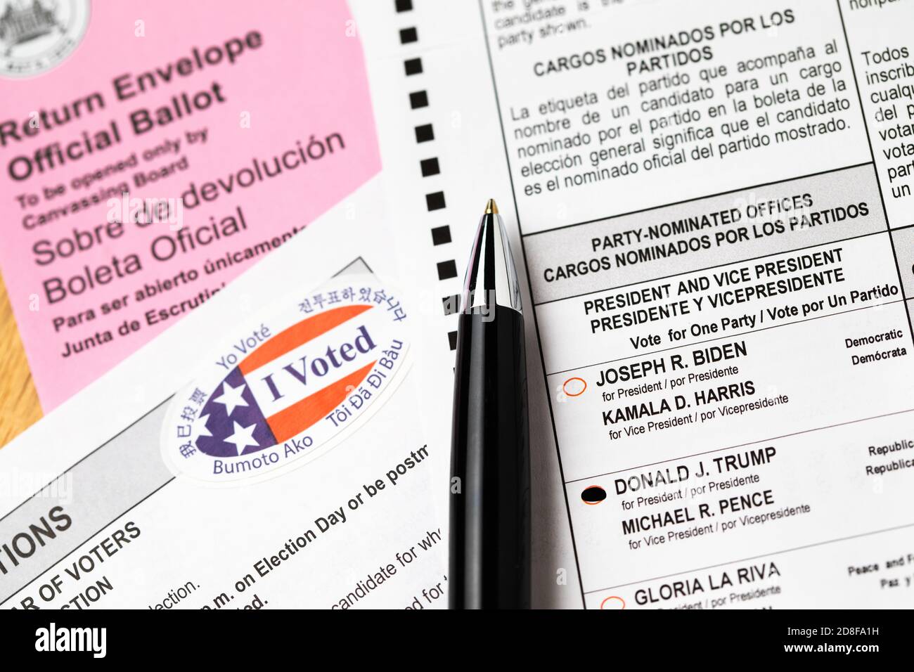Riverside, California, USA - 10/2020: Pen Laying on Trump Voted Official Ballot, Envelope, Instructions and I Voted Sticker On Table in the 2020 Presi Stock Photo