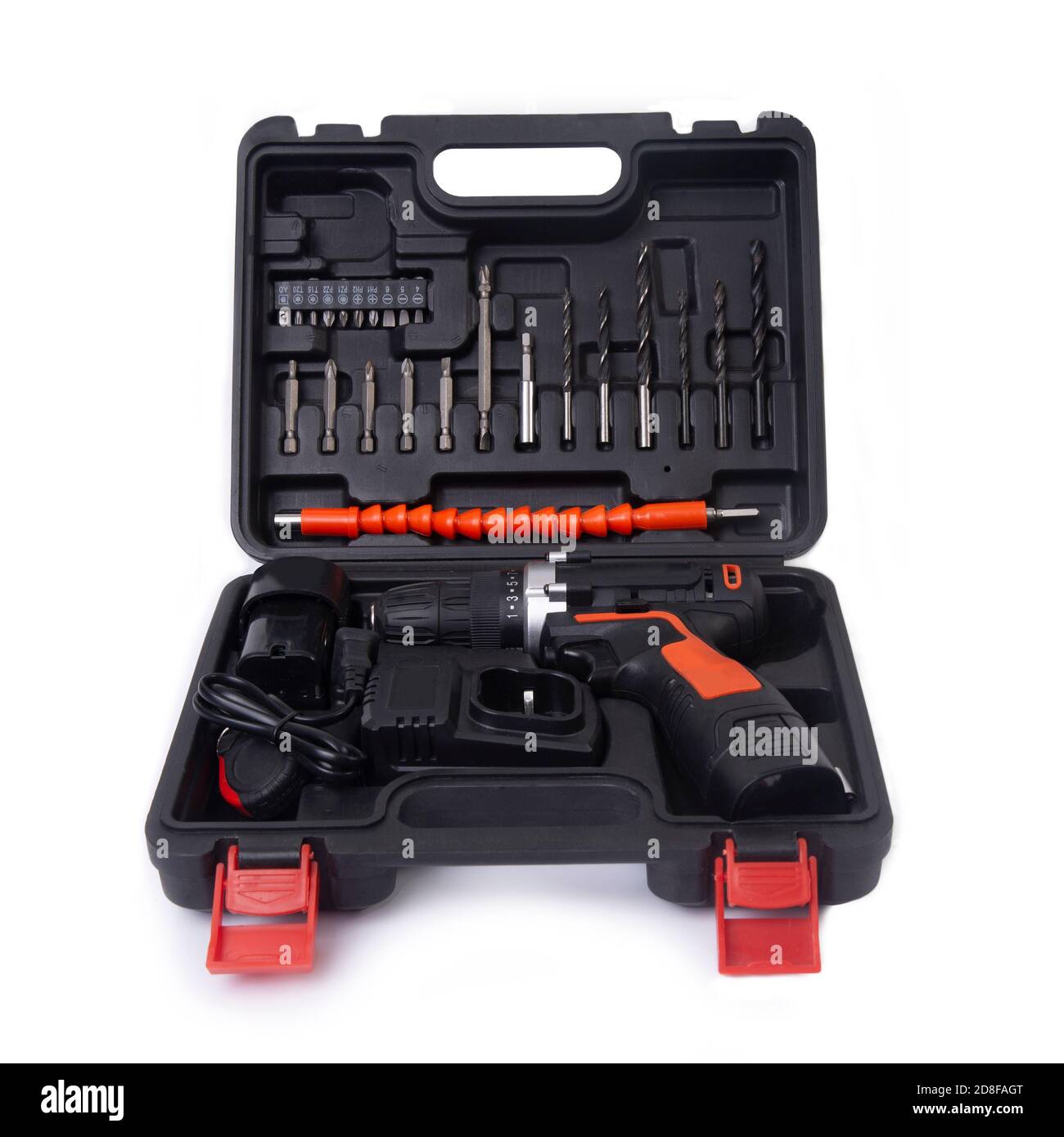 Electric Screwdriver Box Tool box of electric drill and screwdriver with accessory set on white ...