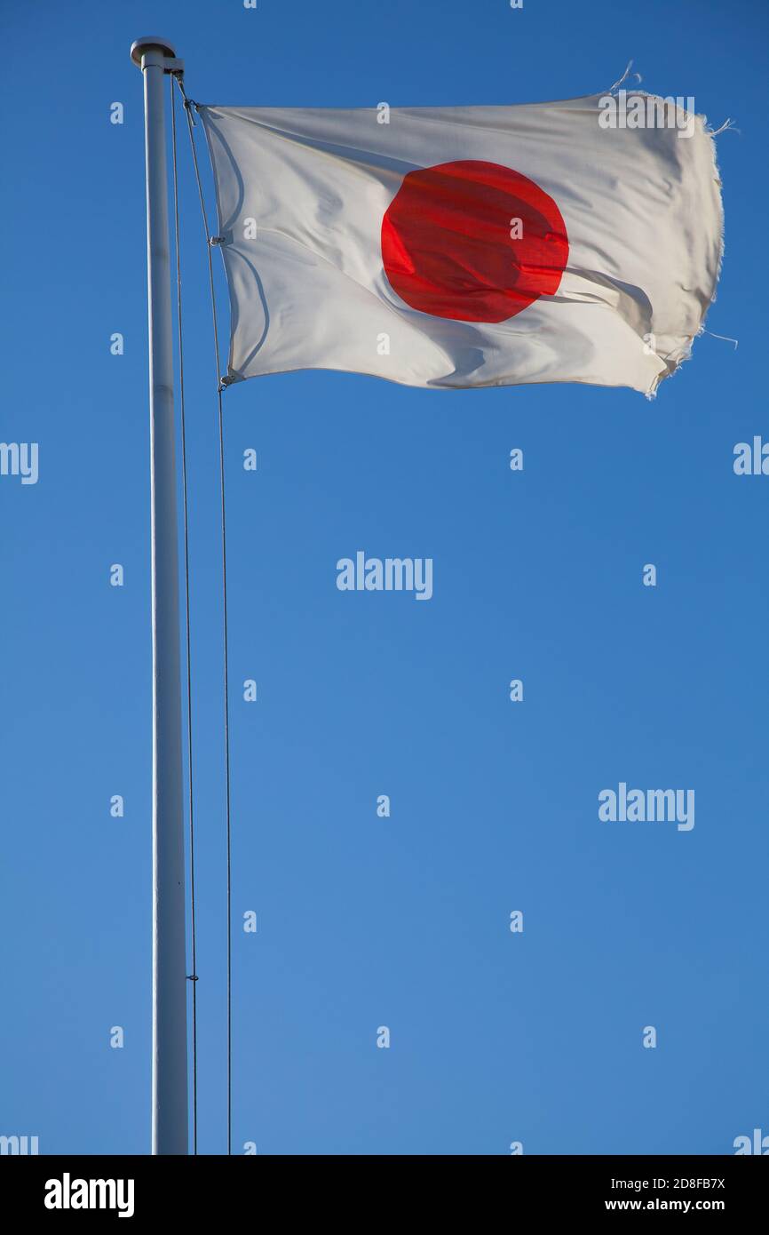 A Japanese flag flying on a flagpole against blue sky. Tokyo, Japan Stock Photo