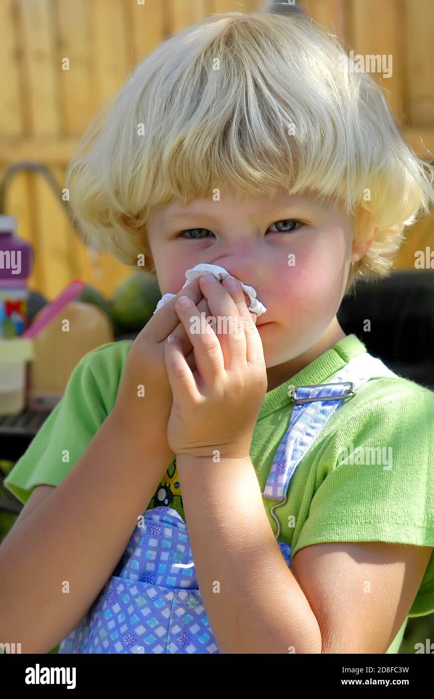4 year old girl with allergies cleans nose with tissue Stock Photo