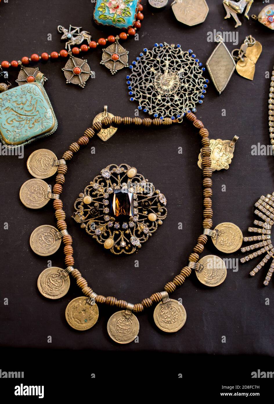 Vertical top view of vintage jewelry Stock Photo
