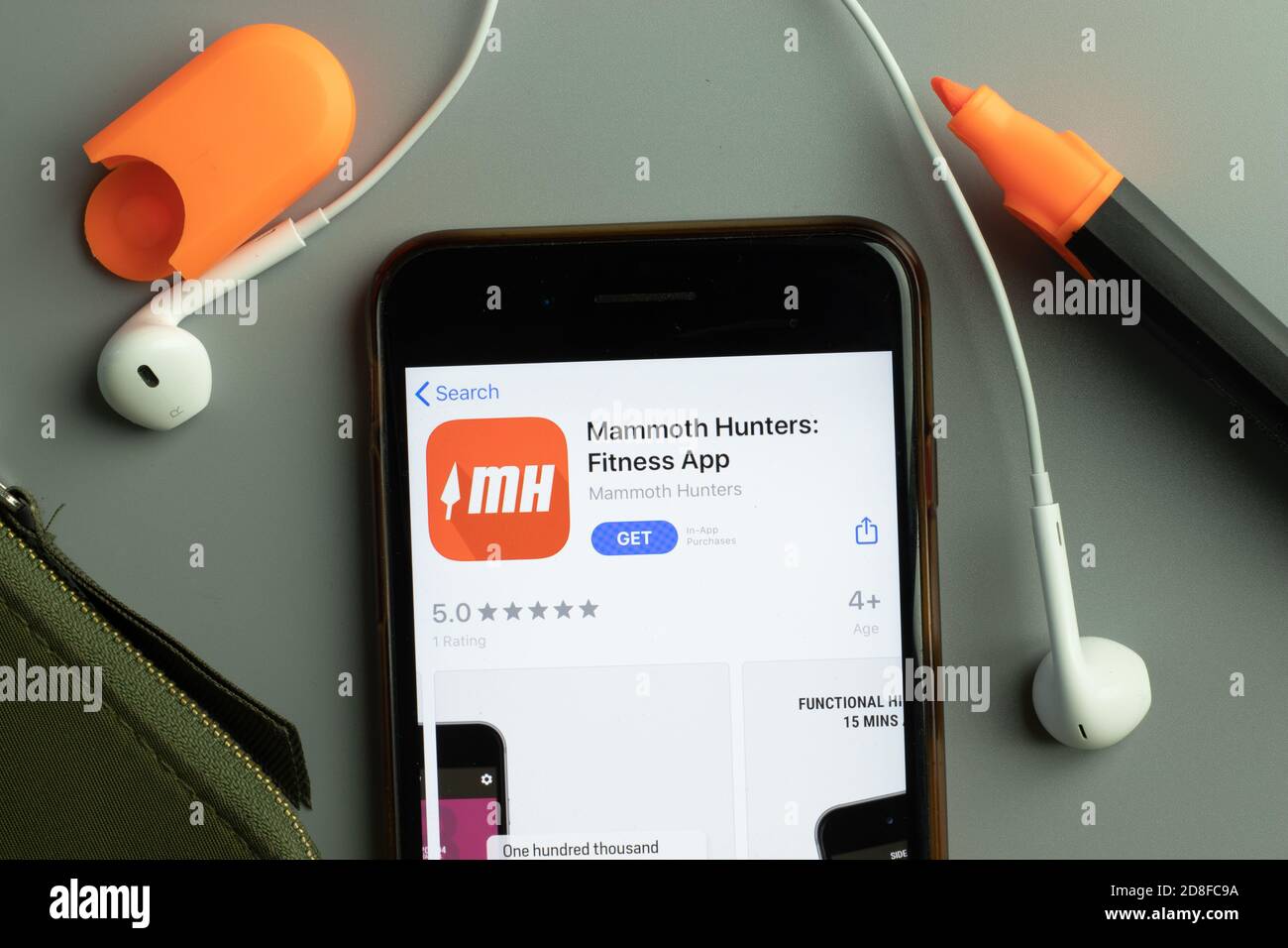 New York, USA - 26 October 2020: Mammoth Hunters Fitness mobile app icon logo on phone screen close-up, Illustrative Editorial Stock Photo