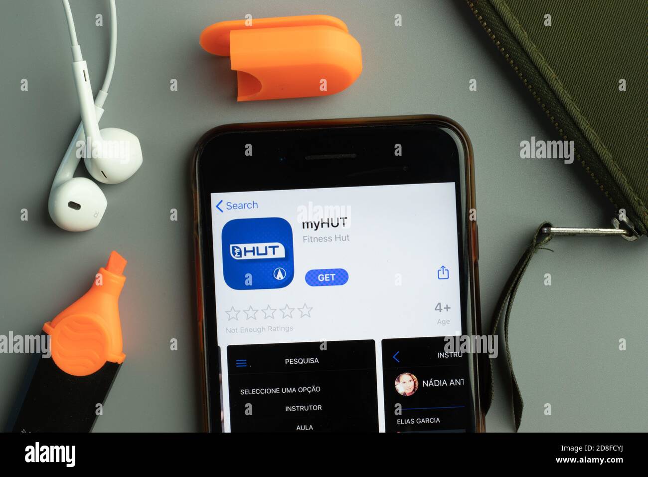 New York, USA - 26 October 2020: myHUT mobile app icon logo on phone screen close-up, Illustrative Editorial Stock Photo