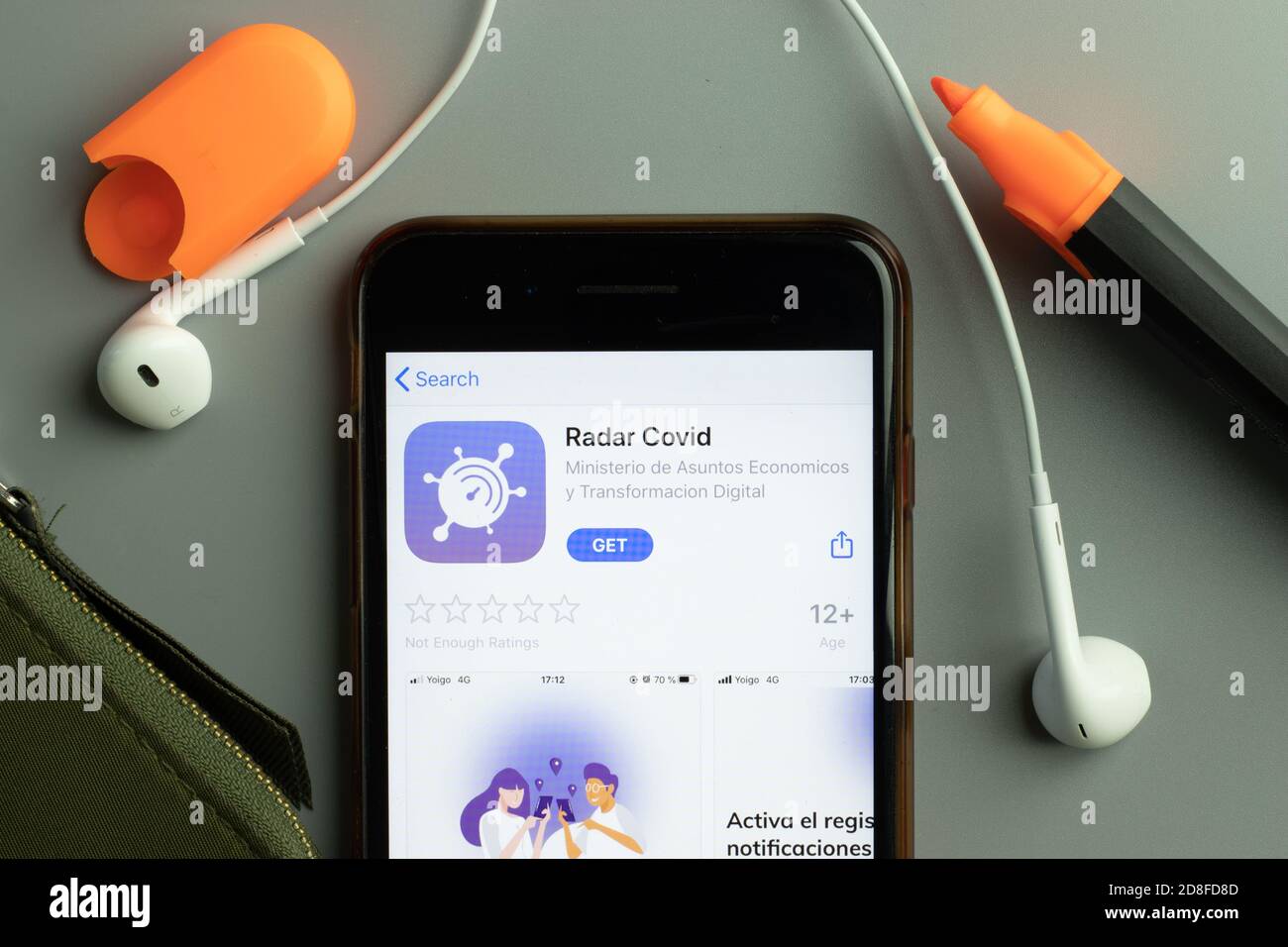 New York, USA - 26 October 2020: Radar Covid mobile app icon logo on phone screen close-up, Illustrative Editorial Stock Photo